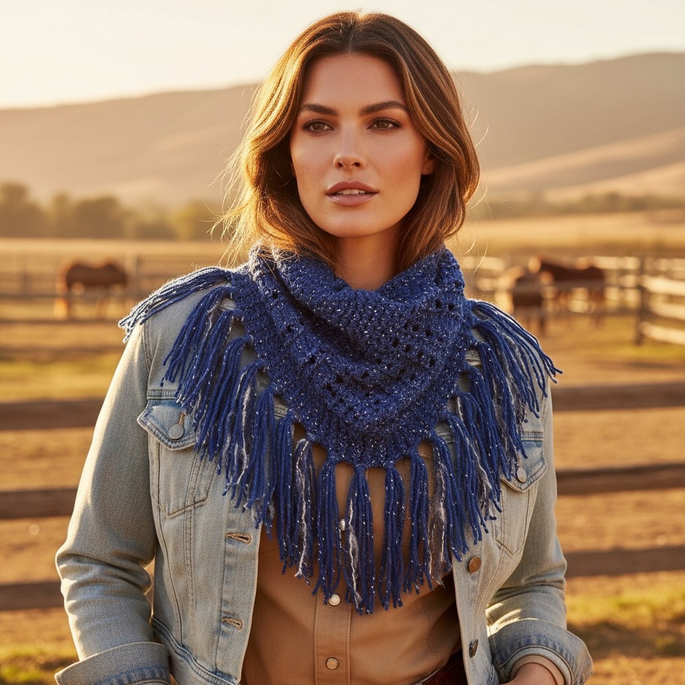 NEW Hand Knitted Blue Metallic Boho Cowl Scarf‎ Coastal Art Shimmer Indie Chic
